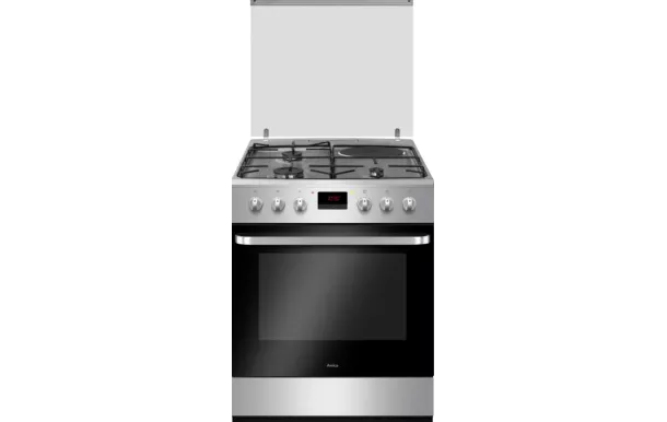 AMICA - Cuisinière 3 Feux Gaz + 1 Electrique, Four Multifonctions Pyrolyse 77L Inox