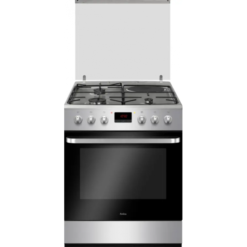 AMICA - Cuisinière 3 Feux Gaz + 1 Electrique, Four Multifonctions Pyrolyse 77L Inox