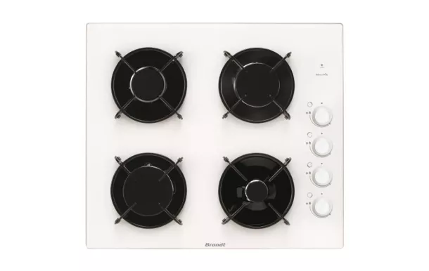 BRANDT Table de cuisson 4 foyers gaz verre trempé blanc - BPG6413W