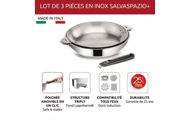 LAGOSTINA Lot 2 poêles 204 et 28 cm inox + poignée - Salvaspazio+