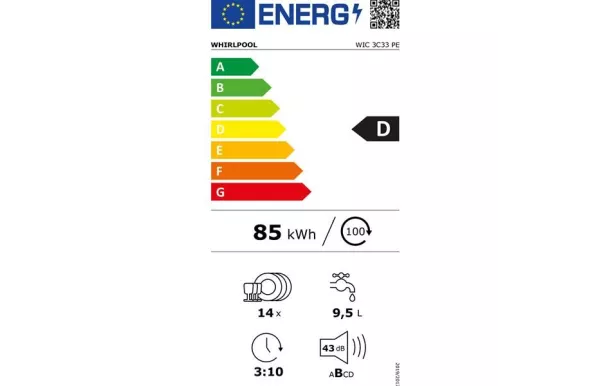 WHIRLPOOL Lave-vaisselle Tout-intégrable 60 cm 14 couverts 43 db WIC3C33PE