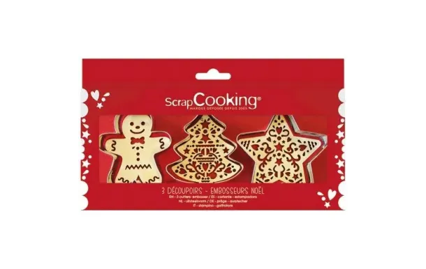 SCRAPCOOKING Coffret 3 découpoirs + embosseurs bois - Noël