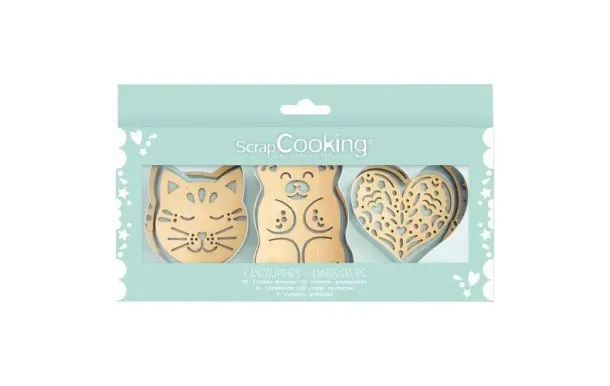 SCRAPCOOKING Coffret 3 découpoirs + embosseurs bois - Classique