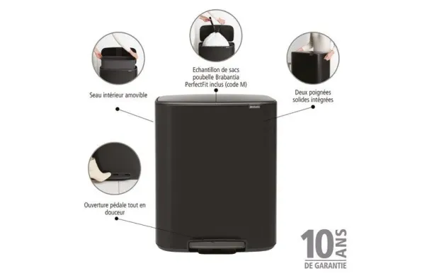 BRABANTIA Poubelle à pédale 60 L Matt Black - Bo