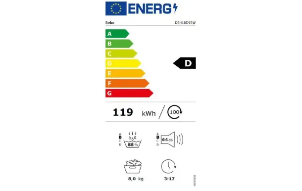 BEKO Sèche-linge frontal condenseur 8 kg avec pompe à chaleur - D3H18D93W