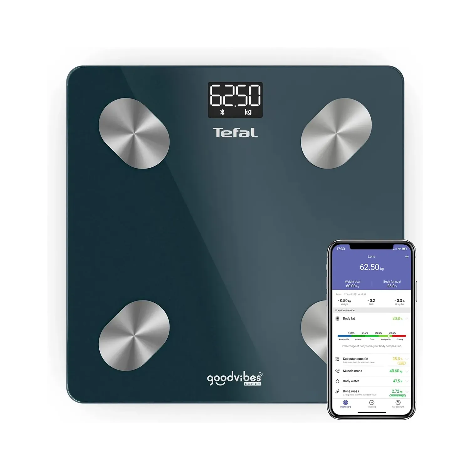 Tefal Balance connectée 10 indicateurs corporels Application connectée Utilisation simple Nombre illimité d'utilisateurs Capacité 180 kg Graduation 100 g Goodvibes Life+ BM9620S1 - vue 3