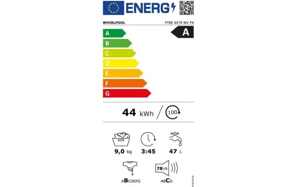 WHIRLPOOL Lave-linge 9 kg 1400 tr/min Classe A FFBS9479WVFR