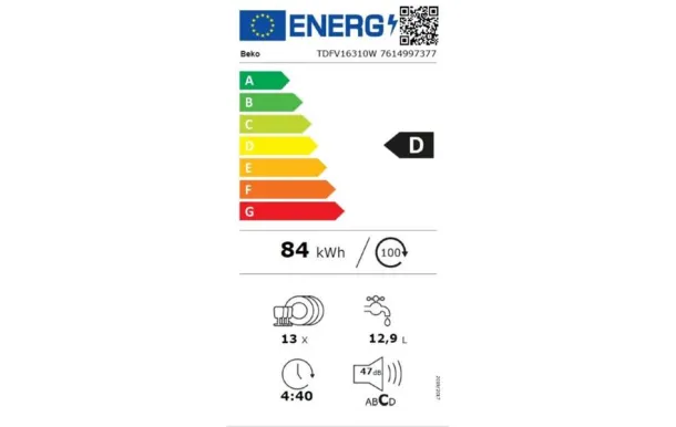 BEKO Lave-vaisselle 60 cm 13 couverts 47 dB - TDFV16310W