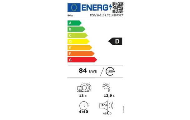 BEKO Lave-vaisselle 60 cm 13 couverts 47 db silver - TDFV16310S