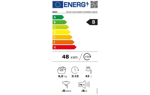 BEKO Lave-linge top 6 kg 1200 tr/min TB622COLDWASHFR