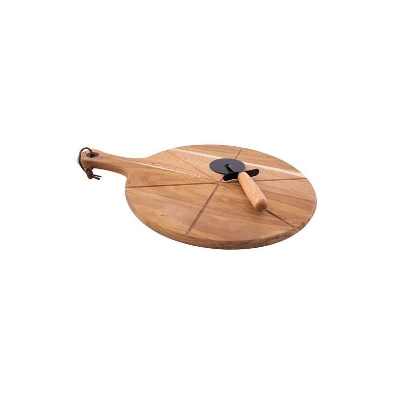 point virgule roulette à pizza + planche à découper ronde 32.5 cm en acacia