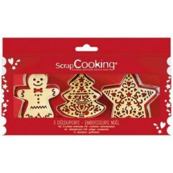 SCRAPCOOKING Coffret 3 découpoirs + embosseurs bois - Noël