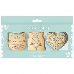 SCRAPCOOKING Coffret 3 découpoirs + embosseurs bois - Classique